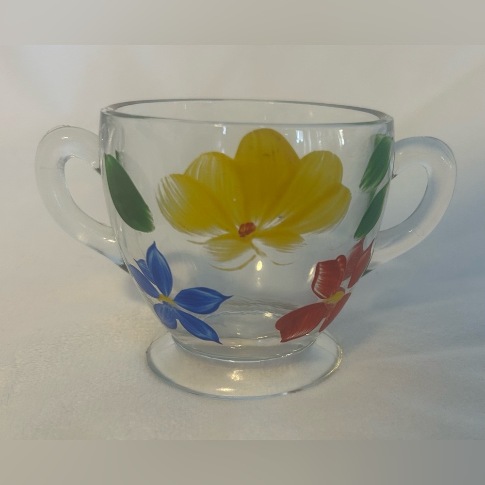 Bartlett & Collins Clear Glass Sugar Bowl ONLY Painted Red Blue Yellow Vintage